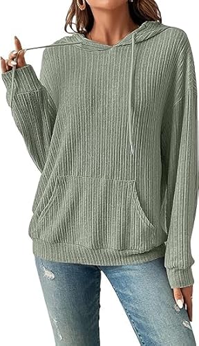 YAQUEKOU Pullover Damen Hoodie Langarm Leicht Pullover Sweatshirt Kapuzenpullover Einfarbig Drawstring Top für Herbst (DE/NL/SE/PL, Alphanumerisch, S, Regular, Regular, Grün) von YAQUEKOU