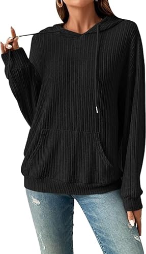 YAQUEKOU Pullover Damen Hoodie Langarm Leicht Pullover Sweatshirt Kapuzenpullover Einfarbig Drawstring Top für Herbst (DE/NL/SE/PL, Alphanumerisch, S, Regular, Regular, Schwarz) von YAQUEKOU
