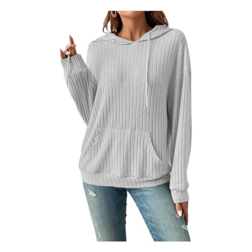 YAQUEKOU Pullover Damen Hoodie Langarm Leicht Pullover Sweatshirt Kapuzenpullover Einfarbig Drawstring Top für Herbst (DE/NL/SE/PL, Alphanumerisch, XL, Regular, Regular, Grau) von YAQUEKOU