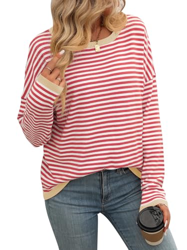 YAQUEKOU Pullover Damen Langarmshirts Sweater Gestreift Strickpullover Damen Herbst Oberteile Elegant Oversize Leichte Sweatshirt Pulli (DE/NL/SE/PL, Alphanumerisch, M, Regular, Regular, Rot) von YAQUEKOU