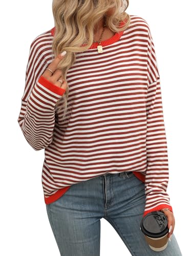YAQUEKOU Pullover Damen Langarmshirts Sweater Gestreift Strickpullover Damen Herbst Oberteile Elegant Oversize Leichte Sweatshirt Pulli (DE/NL/SE/PL, Alphanumerisch, XL, Regular, Regular, Caramel) von YAQUEKOU