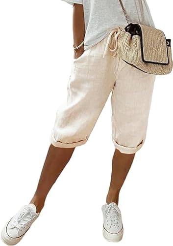 YAQUEKOU Sommerhose Damen Leicht Leinenhose Sommer Kurze Hosen Luftig Hohe Taille Caprihose Einfarbig Strandhose Stoffhose Pants (DE/NL/SE/PL, Alphanumerisch, L, Regular, Regular, Standard, Beige) von YAQUEKOU