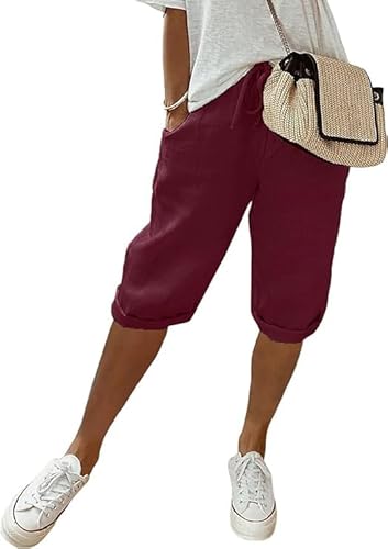 YAQUEKOU Sommerhose Damen Leicht Leinenhose Sommer Kurze Hosen Luftig Hohe Taille Caprihose Einfarbig Strandhose Stoffhose Pants (DE/NL/SE/PL, Alphanumerisch, M, Regular, Regular, Standard, Weinrot) von YAQUEKOU