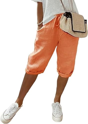 YAQUEKOU Sommerhose Damen Leicht Leinenhose Sommer Kurze Hosen Luftig Hohe Taille Caprihose Einfarbig Strandhose Stoffhose Pants (DE/NL/SE/PL, Alphanumerisch, XL, Regular, Regular, Standard, Orange) von YAQUEKOU