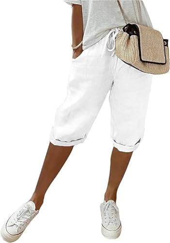 YAQUEKOU Sommerhose Damen Leicht Leinenhose Sommer Kurze Hosen Luftig Hohe Taille Caprihose Einfarbig Strandhose Stoffhose Pants (DE/NL/SE/PL, Alphanumerisch, XXL, Regular, Regular, Standard, Weiß) von YAQUEKOU