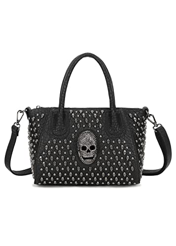 YAQUNICER Damen Totenkopf Nieten Hobo Handtasche Schultertaschen Tragetasche mit Tragegriff oben-Schwarz 1 von YAQUNICER