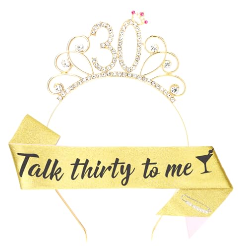YARIEW 30. Geburtstag Dekorationen 30. Geburtstag Stirnband + 30 Talk Thirty To Me Birthday Schärpe + Perlennadel Set, 30. Geburtstag Schärpe und Tiara für Frauen, 30. Geburtstag Geschenke für Frauen von YARIEW
