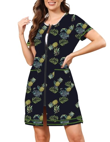 YARISNEY Damen Bademantel mit Reißverschluss Rundhalsausschnitt kurzer Sommermantel mit 2 Taschen (Schwarze Ananas, S) von YARISNEY