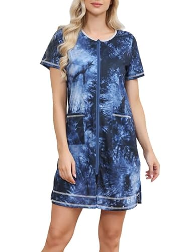 YARISNEY Damen-Hausmantel mit Reißverschluss Kurzärmlig Rundhalsausschnitt Lässiger Staubmantel mit Taschen (Batik, S) von YARISNEY