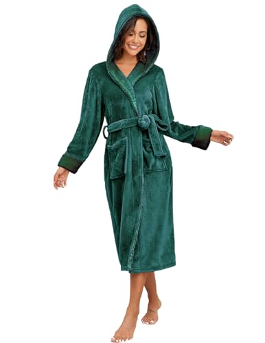 YARISNEY Damen Plüsch Bademantel mit Kapuze Wadenlang Velours Bademantel Warmer Winter Hausmantel mit Langen Ärmeln Dunkelgrün, L von YARISNEY