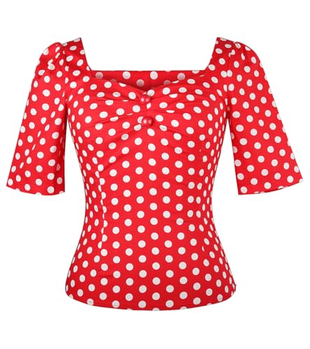 YARN & INK Damen 1950er Pinup Tops Rockabilly Vintage Bluse Mittelärmel Sweetheart V-Ausschnitt Shirt, Rot mit weißen Punkten, X-Groß von YARN & INK