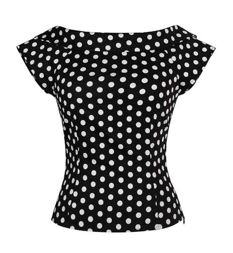 YARN & INK Damen 1950er Vintage Pinup Tops Rücken Fliege Niedlich Rockabilly Arbeit Formelles Hemd Casual Bluse für Frauen, 15 - Schwarz gepunktet, Groß von YARN & INK