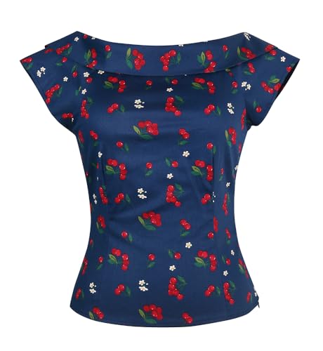 YARN & INK Damen 1950er Vintage Pinup Tops Rücken Fliege Niedlich Rockabilly Arbeit Formelles Hemd Casual Bluse für Frauen, 15-blue Cherry, X-Groß von YARN & INK