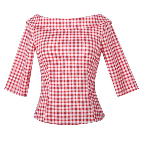 YARN & INK Damen 1950er Vintage Pinup Tops Rücken Fliege Niedlich Rockabilly Elegant Shirt Mittlere Ärmel Bluse, 16-rotes Gingham, Mittel von YARN & INK