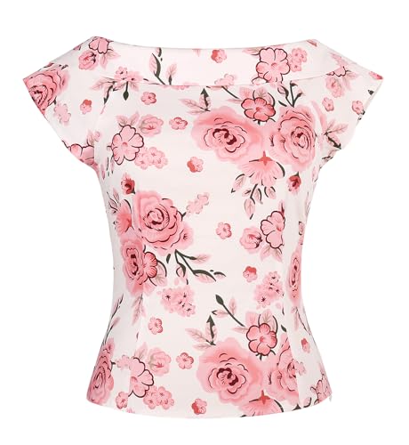 YARN & INK Damen 1950er Vintage Pinup Tops Rücken Fliege Niedlich Rockabilly Swing Arbeit Formelles Hemd Casual Bluse für Frauen, 15 - rosa Blumenmuster, X-Groß von YARN & INK