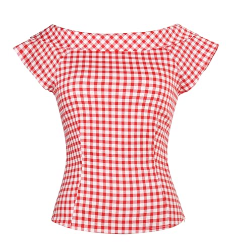 YARN & INK Damen 1950er Vintage Pinup Tops Rücken Fliege Niedlich Rockabilly Swing Arbeit Formelles Hemd Casual Bluse für Frauen, 15-rotes Gingham, Groß von YARN & INK