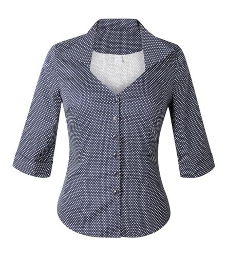 YARN & INK Damen Elegant Klassische Passform Casual Blusen Button Down 3/4 Ärmel Dressy Shirt 1950er Retro Arbeit Büro Tops, 12 Bluedots, Mittel von YARN & INK