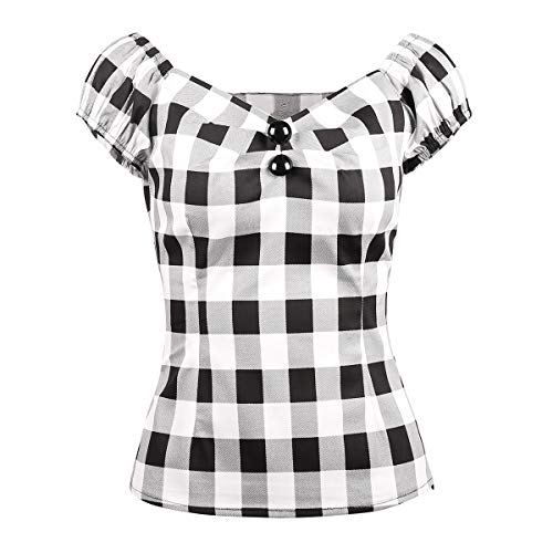 YARN & INK Damen Pinup Shirt 1950er Rockabilly Vintage Bluse Schulterfrei Oberteile - Schwarz - XX-Large von YARN & INK