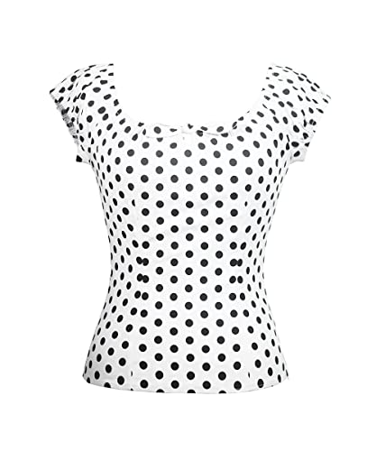 YARN & INK Damen Pinup Shirt 1950er Vintage Rockabilly Puffärmel BowBlouse Schulterfrei Tops, Weiß mit schwarzen Punkten, X-Klein von YARN & INK
