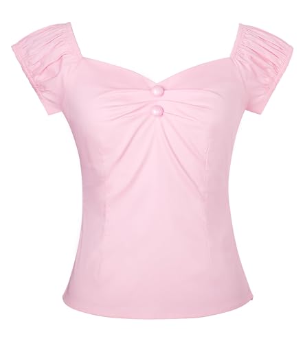 YARN & INK Damen Rockabilly Tops 1950er Pinup Shirt Casual Schulterfrei Vintage Bluse, 04-hellrosa, Klein von YARN & INK