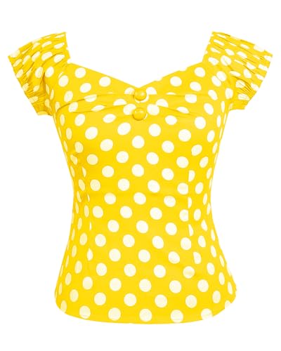 YARN & INK Damen Rockabilly Tops 1950er Pinup Shirt Casual Schulterfrei Vintage Bluse, Gepunktetes Gelb, XX-Large von YARN & INK