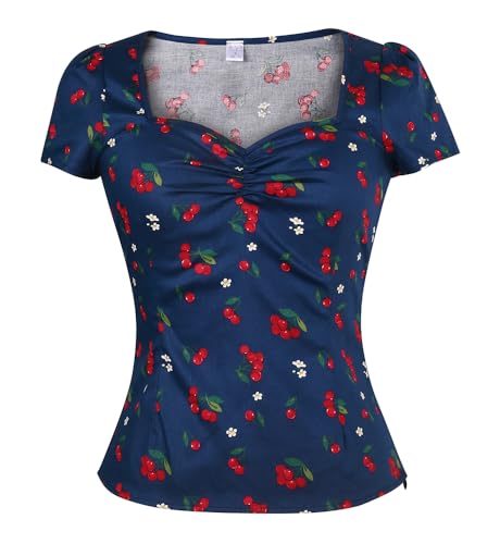 YARN & INK Damen Rockabilly Tops 1950er Pinup Vintage Bluse Quadratischer Ausschnitt Slim Fit Shirt Klassisch Elegant für Frauen Mädchen, Blue Cherry, X-Groß von YARN & INK