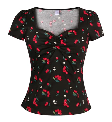 YARN & INK Damen Rockabilly Tops 1950er Pinup Vintage Bluse Quadratischer Ausschnitt Slim Fit Shirt Klassisch Elegant für Frauen Mädchen, Schwarz (Black Cherry), X-Groß von YARN & INK