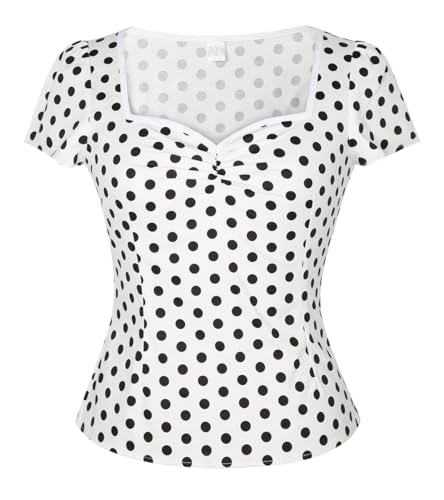 YARN & INK Damen Rockabilly Tops 1950er Pinup Vintage Bluse Quadratischer Ausschnitt Slim Fit Shirt Klassisch Elegant für Frauen Mädchen, Weiß mit schwarzen Punkten, Klein von YARN & INK