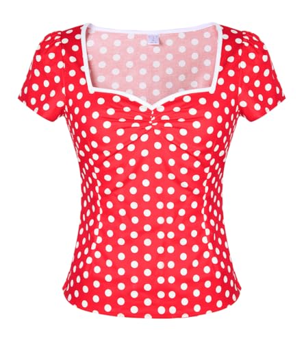 YARN & INK Damen Rockabilly Tops 1950er Pinup Vintage Bluse Quadratischer Ausschnitt Slim Fit Shirt Klassisch Elegant für Frauen Mädchen, rote punkte, X-Groß von YARN & INK