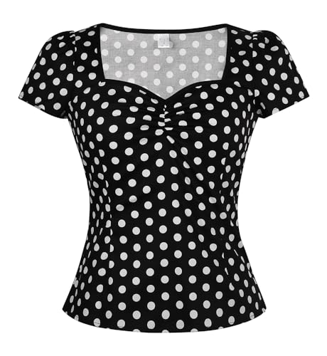 YARN & INK Damen Rockabilly Tops 1950er Pinup Vintage Bluse Quadratischer Ausschnitt Slim Fit Shirt Klassisch Elegant für Frauen Mädchen, schwarz mit punkten, Mittel von YARN & INK