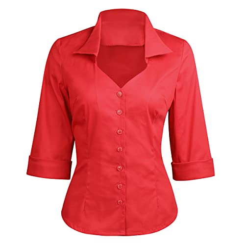 YARN & INK Damen Solide Klassische Passform Casual Blusen Button Down 3/4 Ärmel Kleid Hemd 1950er Elegant Arbeit Büro Tops, Rot/Ausflug, einfarbig (Getaway Solids), 4X-Groß von YARN & INK
