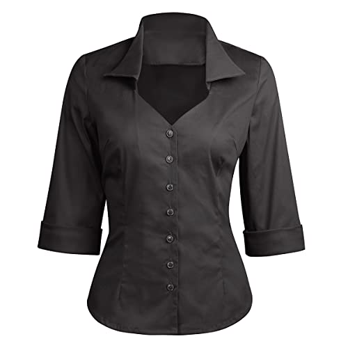 YARN & INK Damen Solide Klassische Passform Casual Blusen Button Down 3/4 Ärmel Kleid Hemd 1950er Retro Elegant Arbeit Büro Tops, Schwarz, Groß von YARN & INK