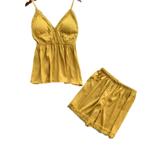 Damen Pyjama-Setlace Hollow Pyjama Set Frau Sexy V-Ausschnitt Sommer Spaghetti Strap Shorts 2-Teiliges Set Nachthemd Mode Dessous Nachtwäsche Home Kleidung,Gelb,XL von YAROVA