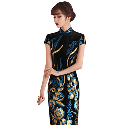 YAROVA Damen Cheongsam Kleid - Mode Bankett Chinesische Kleider Frühling Sommer Kurzarm Cheongsams Satin Sexy Lange Qipao Vintage Split Verbesserte Traditionelle Kleidung,Schwarz,M von YAROVA