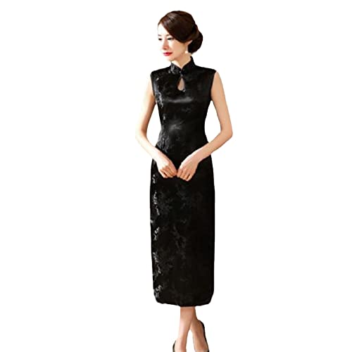 YAROVA Damen Cheongsam Kleid - Sexy Langes Schlankes Qipao Chinesischer Stil Satin Orientalisches Cheongsam Klassisches Abendgesellschaftskleid Mode Elegante Traditionelle Junge Kleidung,Schwarz,S von YAROVA