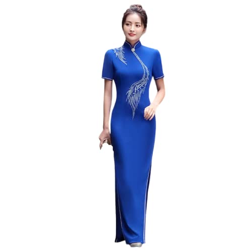 YAROVA Damen Cheongsam Kleid - Sommer Orientale Abendkleid Elegante Chinesische Robe Vintage Traditionelle Qipao Frauen China Stickerei Schlanke Lange Kurze Ärmel Cheongsam, Blau, L von YAROVA