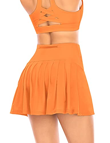 Damen Plissierter Tennisrock mit Hose Faltenrock Kurz Hosenrock Tennis Golf Sport Workout Running Rock Sommerrock Minirock (Orange, XL) von YARRCO