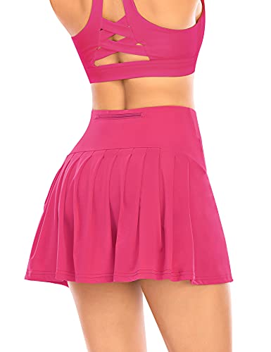 Damen Plissierter Tennisrock mit Hose Faltenrock Kurz Hosenrock Tennis Golf Sport Workout Running Rock Sommerrock Minirock (Rosarot, XL) von YARRCO