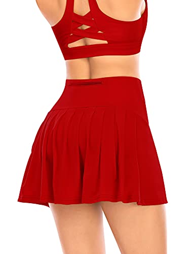 Damen Plissierter Tennisrock mit Hose Faltenrock Kurz Hosenrock Tennis Golf Sport Workout Running Rock Sommerrock Minirock (Rot, S) von YARRCO