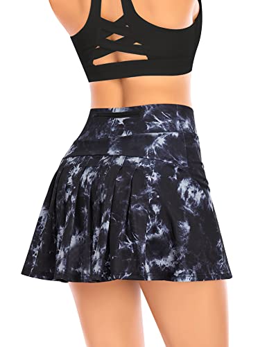 Damen Plissierter Tennisrock mit Hose Faltenrock Kurz Hosenrock Tennis Golf Sport Workout Running Rock Sommerrock Minirock (Schwarz (Tie-Dye), 2XL) von YARRCO