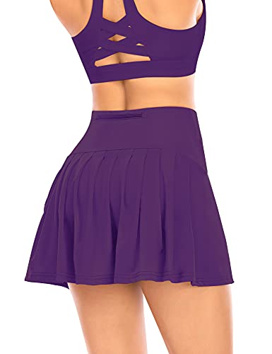 Damen Plissierter Tennisrock mit Hose Faltenrock Kurz Hosenrock Tennis Golf Sport Workout Running Rock Sommerrock Minirock (Violett, 2XS) von YARRCO