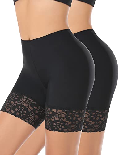 YARRCO Spitzen-Shorts für Damen, Chub-Rub-Shorts, nahtlose Slip-Shorts für Unterkleider, Boyshorts, Sicherheitsshorts, Unterwäsche, #2 Schwarz + Schwarz (lange Spitze), 48 von YARRCO