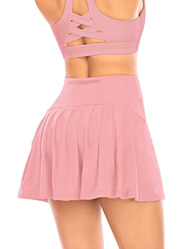 Damen Plissierter Tennisrock mit Hose Faltenrock Kurz Hosenrock Tennis Golf Sport Workout Running Rock Sommerrock Minirock (Rosa, M) von YARRCO