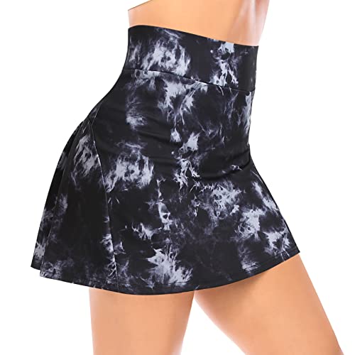 Damen Plissierter Tennisrock mit Unterhose Tennis Faltenrock Kurz Hosenrock Golf Sport Running Rock Sommerrock (Schwarz (Tie-Dye), S) von YARRCO