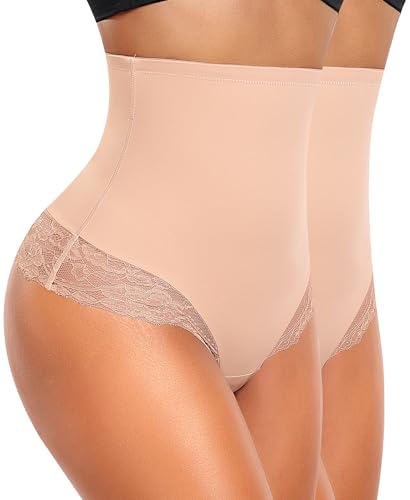 YARRCO Bauchweg Unterhose Damen Miederslips Spitze String Slips Tanga Shapewear Body Shaper Miederhose Formende Unterwäsche (Beige+Beige, 3XL) von YARRCO