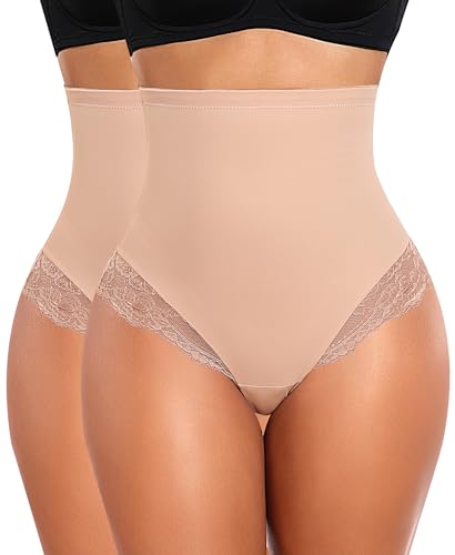YARRCO Damen Bauchweg Miederslips Spitze String Shapewear Unterhose Tanga Shaper Slips Figurformende Unterwäsche (Beige+Beige-Spitze, 3XL) von YARRCO