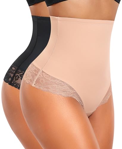 YARRCO Bauchweg Unterhose Damen Miederslips Spitze String Slips Tanga Shapewear Body Shaper Miederhose Formende Unterwäsche (Schwarz+Beige, 2XL) von YARRCO