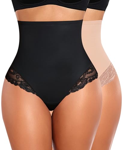 YARRCO Damen Bauchweg Miederslips Spitze String Shapewear Unterhose Tanga Shaper Slips Figurformende Unterwäsche (Schwarz+Beige-Spitze, S) von YARRCO