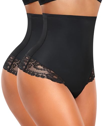 YARRCO Bauchweg Unterhose Damen Miederslips Spitze String Slips Tanga Shapewear Body Shaper Miederhose Formende Unterwäsche (Schwarz+Schwarz, L) von YARRCO
