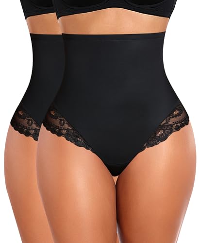 YARRCO Damen Bauchweg Miederslips Spitze String Shapewear Unterhose Tanga Shaper Slips Figurformende Unterwäsche (Schwarz+Schwarz-Spitze, XL) von YARRCO